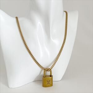 LOUIS VUITTON #341 Lock Only on Cuban Link 21" Chain Necklace 18k Gold Plated
